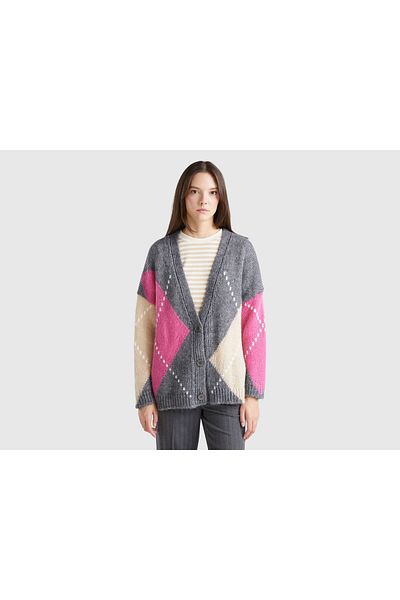 United Colors of Benetton Cardigan de damă gri Moher, cu culori amestecate, cu umăr în afara umărului, cu croială relaxată