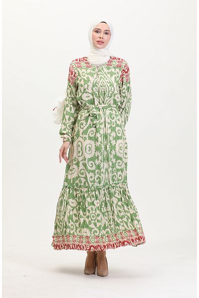 sefamerve Amelia Grünes Viskose-Kleid mit Farba und Schärpe, Größe S-M-L-XL 4588AB-02