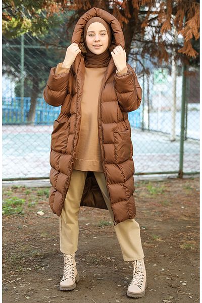 sefamerve Καπιτονέ Παλτό με φερμουάρ 7001-07 Dark Tan