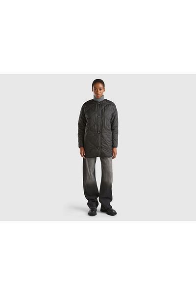 United Colors of Benetton Women's Black Sheepskin Inside and Outside Quilted Detailed Front Buttoned Coat