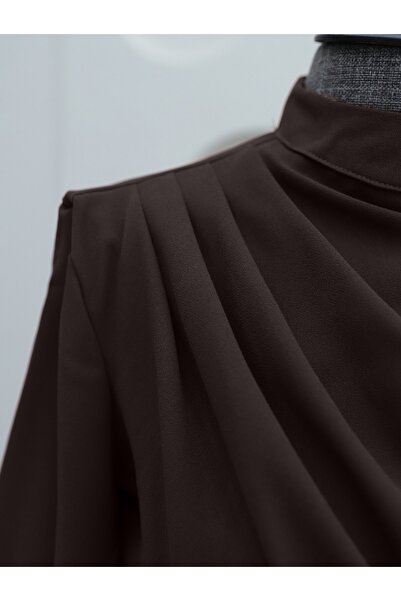 Modamorfo Crepe Dress with Stand Collar and Shoulder Detail - Brown