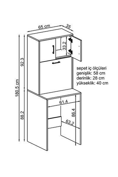 ROOMART Luna Çamaşır Sepetli Çamaşır makinesi Dolabı , Kirli Sepetli Çok Amaçlı Dolap