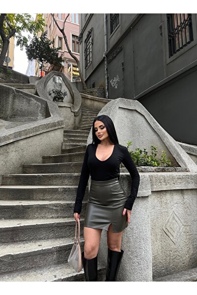 LB Laluna Butik Γυναικεία δερμάτινη φούστα με ψηλόμεσο σκίσιμο