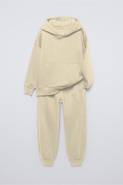 The Champ Clothing Μπεζ Basic Hooded Kangaroo Pocket Παιδικό Oversize φούτερ με ελαστική μέση και πόδι