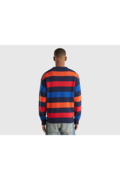 United Colors of Benetton Men's Red Mix Wool Blended Horizontal Striped Round Neck Sweater