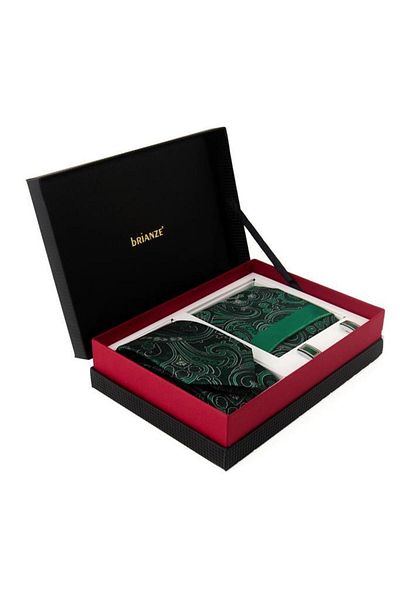 Brianze Green and White Shawl Pattern Tie Handkerchief Cufflink Gift Set