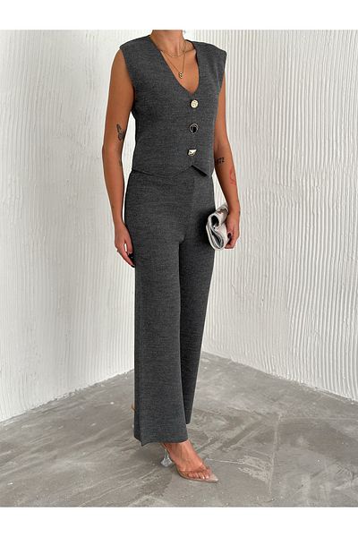 MaxiMor Smoke Color Women's Knitwear Vest and Trousers Set - Standard Size S m L XL