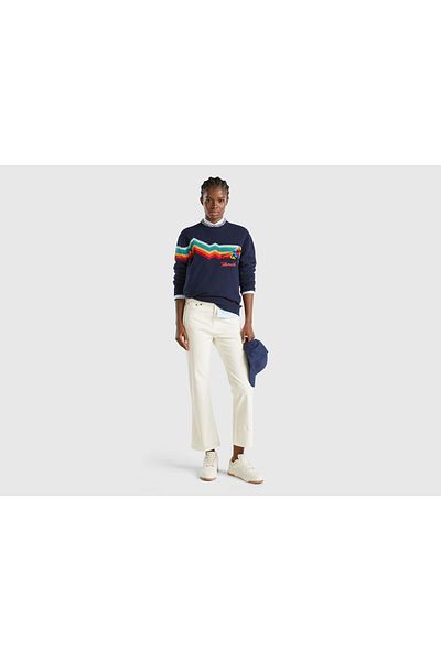 United Colors of Benetton Pantaloni de damă din amestec de bumbac alb cu 5 buzunare din catifea cu etichetă cu logo pe spate