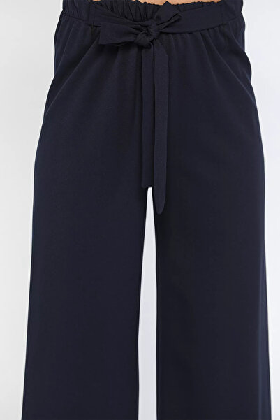 GÜLSELİ Navy Blue Lace-Up Wide Leg Comfortable Women's Fabric Trousers