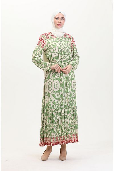 sefamerve Amelia Grünes Viskose-Kleid mit Farba und Schärpe, Größe S-M-L-XL 4588AB-02