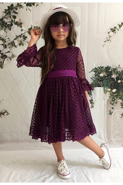 Mixie Girls' Purple Dress with Hat, Laced, Princess Model Girls' Dress