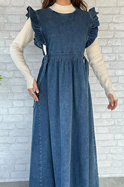 GÜLSELİ Blue Waist Tie Jean Denim Dress