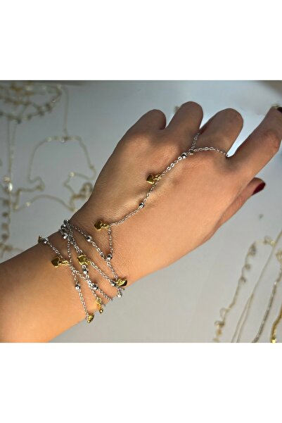 pop up store Gold Heart Detail Silver Ball Chain Wrapped Hand Accessory / Şahmeran