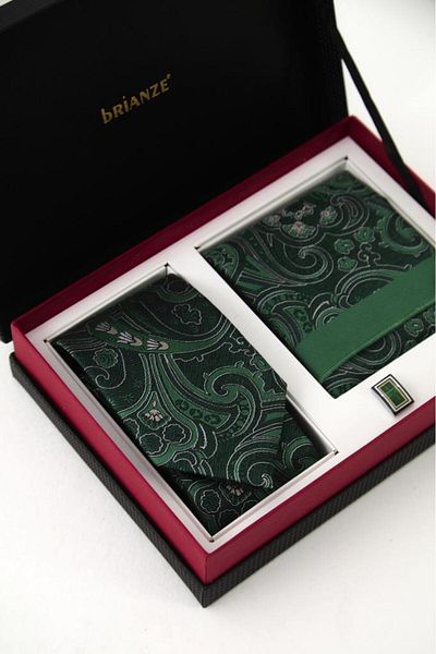 Brianze Green and White Shawl Pattern Tie Handkerchief Cufflink Gift Set