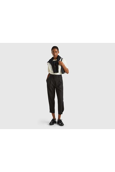 United Colors of Benetton Women's Black Wool and Viscous Blended Trousers with Button Detail
