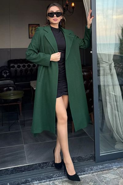 GÜLSELİ Изумрудено зелено дамско кашмирено палто с подплата и колан