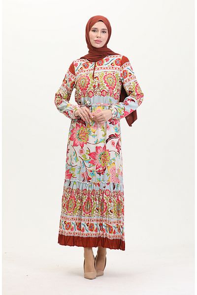 sefamerve Amelia Viskose-Kleid – Farbal, Schärpe, Größe S-M-L-XL, Aqua Green Red 4588AD-02