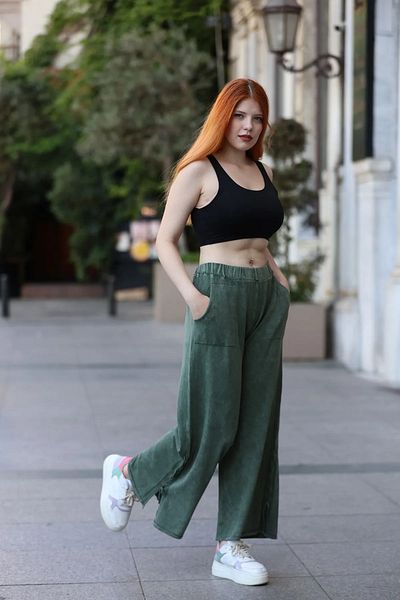 Sosyete Kaplumbağa Authentic 100% Cotton Pocket Antique Knitwear Wide Leg Lace-Up Trousers