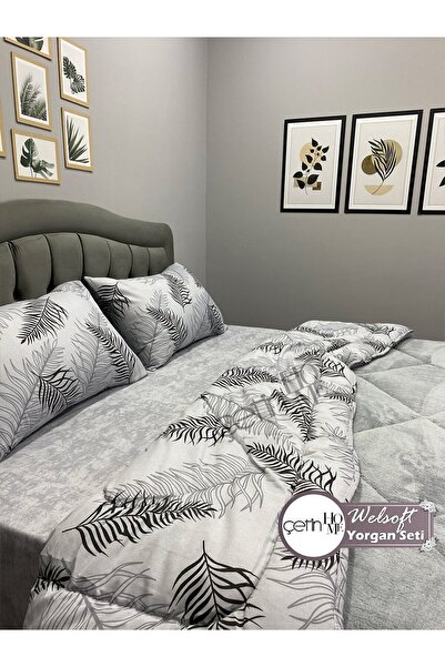 Çetinhome Double Patterned Welsoft Quilt Set (Without Sheets) Leaf Gray