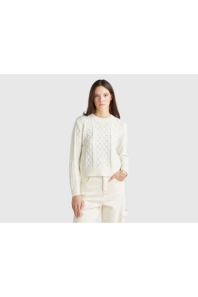 United Colors of Benetton Women's Cream Cotton and Wool Blended Knit Stone Detailed Round Neck Sweater