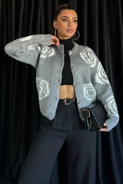 GÜLSELİ Gray Women's Rose Patterned Buttoned Knitwear Cardigan