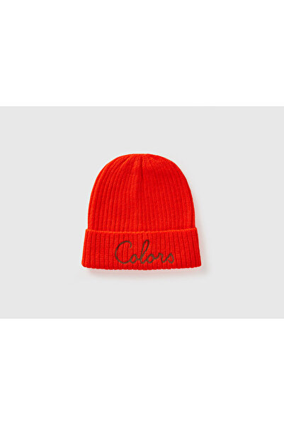 United Colors of Benetton قبعة نسائية مطرزة بشعار صوف برتقالي