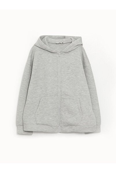 LC Waikiki LCW Vision Gri Melanj Kapüşonlu Oversize Kadın Fermuarlı Sweatshirt