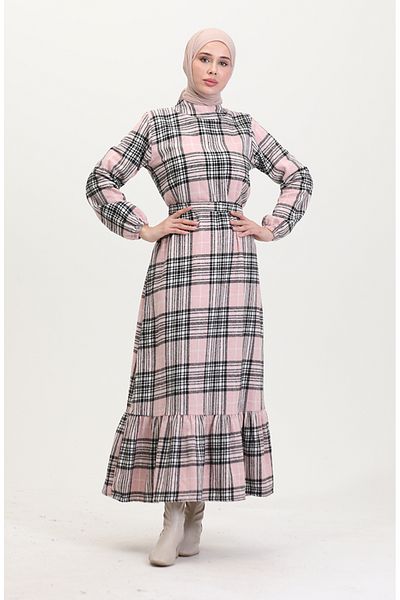sefamerve Holzfäller-Stoffkleid mit Gürtel 0537-03 Powder