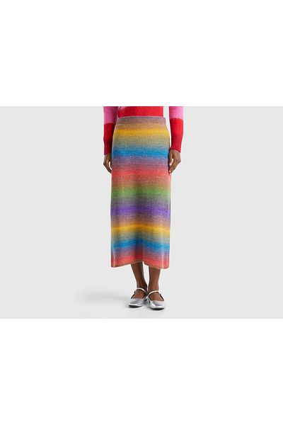 United Colors of Benetton Fusta midi multicoloră cu talie elastică, amestecată de lână, verde pentru femei