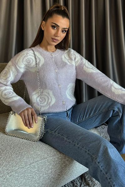 GÜLSELİ Lilac Women's Rose Patterned Buttoned Knitwear Cardigan