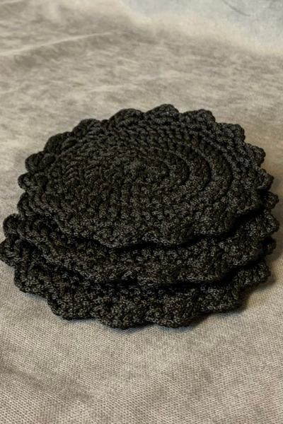 Uretti - Hacer 8870 El Yapımı 3'lü Makrome Ip Örgü Bardak Altlığı - Siyah - 13 Cm