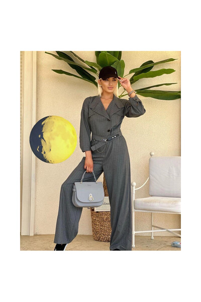 MODATALİKA Women's Asymmetrical Neckline Jumpsuit with Silvery Striped Three Quarter Sleeves - with Belt and Different