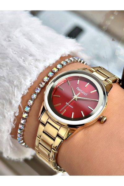 Ferrucci Altın Renk Aynalı Cam Model  Klasik Kadın Kol Saati + BİLEKLİK
