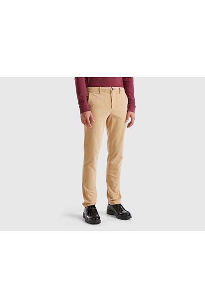 United Colors of Benetton Pantaloni slim din catifea pentru bărbați, bej, din amestec de bumbac, cu buzunare la spate