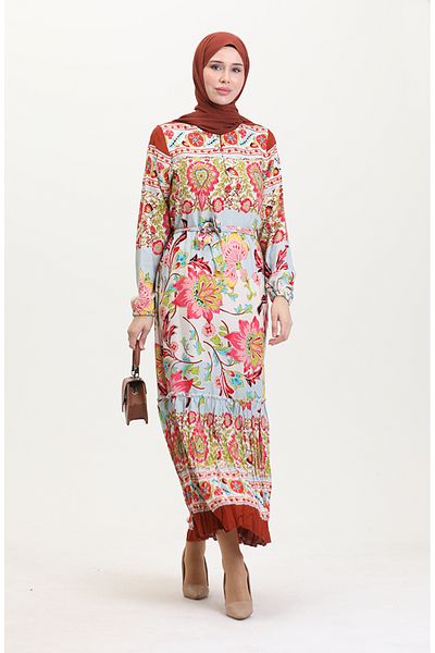 sefamerve Amelia Viskose-Kleid – Farbal, Schärpe, Größe S-M-L-XL, Aqua Green Red 4588AD-02