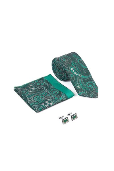 Brianze Зелено-бял шал с мотив, вратовръзка, кърпичка и копче за ръкав, комплект за подарък