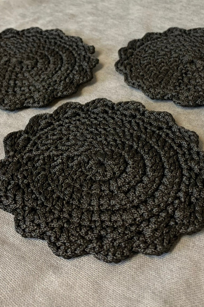 Uretti - Hacer 8870 El Yapımı 3'lü Makrome Ip Örgü Bardak Altlığı - Siyah - 13 Cm