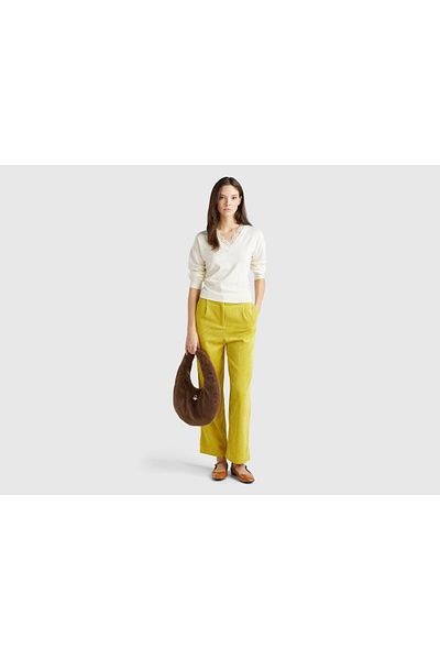 United Colors of Benetton Women's White Viscous Blended Lace Detail V-Neck Sweater