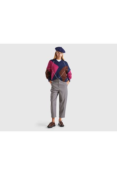 United Colors of Benetton Women's Anthracite Melange Wool and Viscous Blended Lightweight Balloon Long Pants