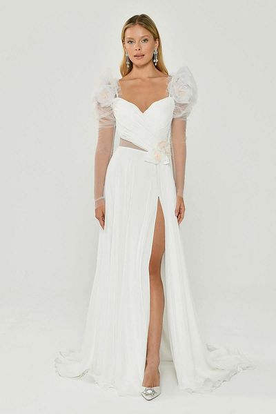 ALFABETA Long Chiffon Evening Dress - Fluffy, Short Sleeve and Slit Dress
