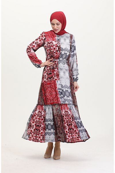 sefamerve Amelia Viskose-Kleid – Farbal, Schärpe, Größe S-M-L-XL, Grau-Rot 4588AE-02