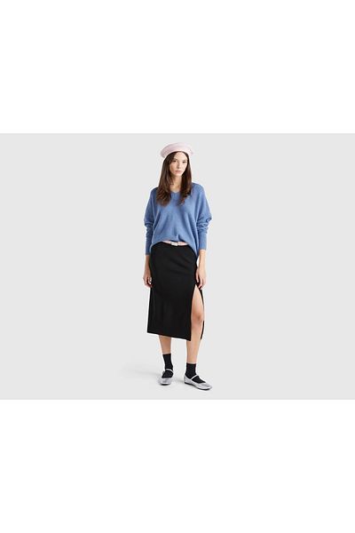 United Colors of Benetton Fusta midi neagră, amestecată în vâscoză, cu fante în față, cu talie elastică