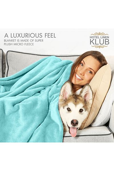 Hotel Linen Klub Double-Flannel Micro-Fleece Throw Blanket, 200 x 220 cm, Aqua