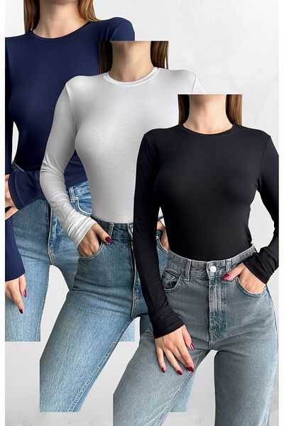 macharel jeans Μαύρο-άσπρο-ναυτικό μπλε 3 τεμαχίων Crew Neck Basic μακρυμάνικο κορμάκι