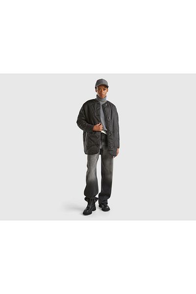 United Colors of Benetton Women's Black Sheepskin Inside and Outside Quilted Detailed Front Buttoned Coat