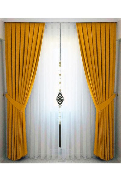 İ.D İpek Dokuma High Quality Mustard Yellow - Pleated Velvety Background Curtain, Single Wing
