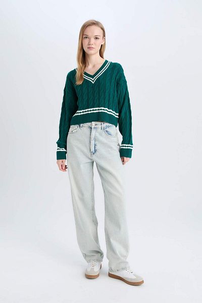 DeFacto Hair Braided V-Neck Striped Knitwear Sweater - Regular Fit C7321Ax24Wn