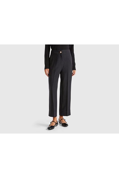 United Colors of Benetton Women's Black Wool and Viscous Blended Pleat Detailed Crooked Trousers