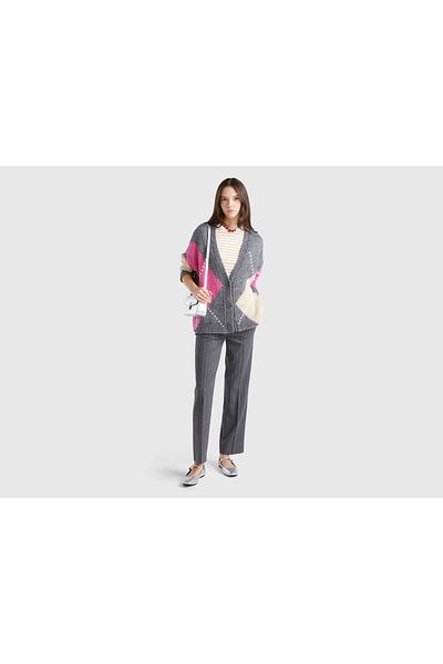 United Colors of Benetton Cardigan de damă gri Moher, cu culori amestecate, cu umăr în afara umărului, cu croială relaxată