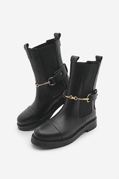 Marjin Damen Stiefel aus echtem Leder mit elastischem Seitenband und goldener Kettenschnalle Lorve schwarz
